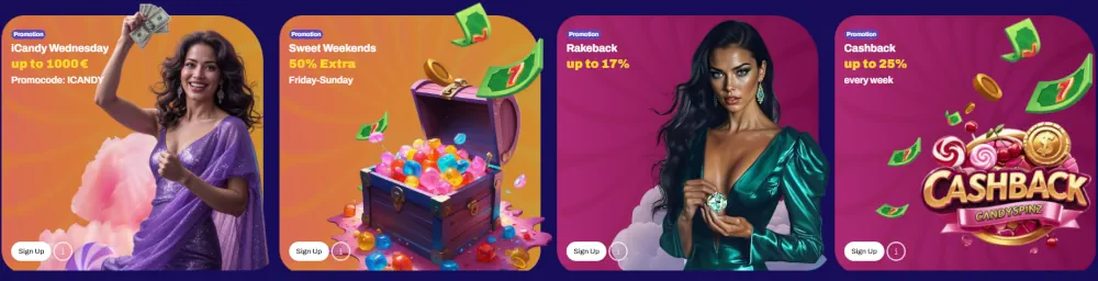 Candy Spinz Casino Werbedashboard mit verschiedenen Einzahlungs- und Reload-Boni.