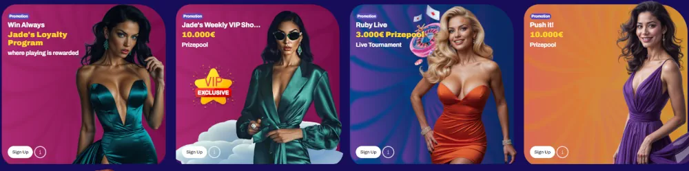 Candy Spinz Sonderangebote Abschnitt mit VIP-Status, Herausforderungen und Bonuskrabbe.